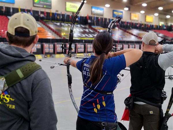 Isabel is locked in focus with arrows ready to fire at the official practice session of The Vegas Shoot 2024