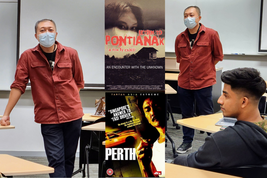 Producer Juan Foo speaking to the class, with a collage of the two films he produced.