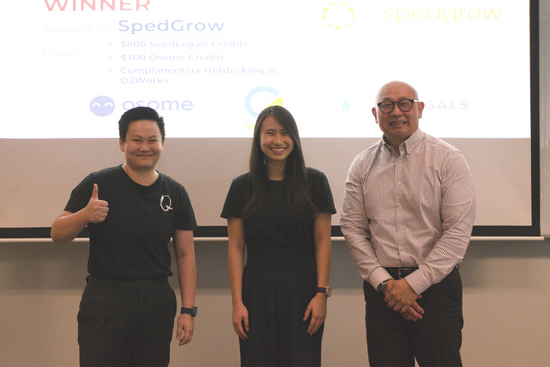 Zoe Poh and Tan Yan Ning, Co-founders of SpedGrow, with Dr Yap Meen Sheng, SUSS Dean of Student, Student Success Centre,
