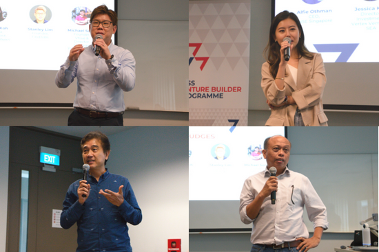 Judges (top left) Stanley Koh, Findjobs; (top right) Jessica Koh, Vertex Ventures; (bottom right) Alfie Othman, raiSE; (bottom left) Michael Song, V.Hive & Levels.
