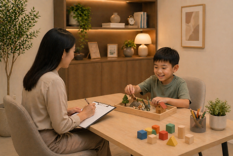 A child smiling while engaging with a play-based activity using miniature figures and wooden blocks, observed by an psychologist taking notes, in a warm and welcoming room setting.
