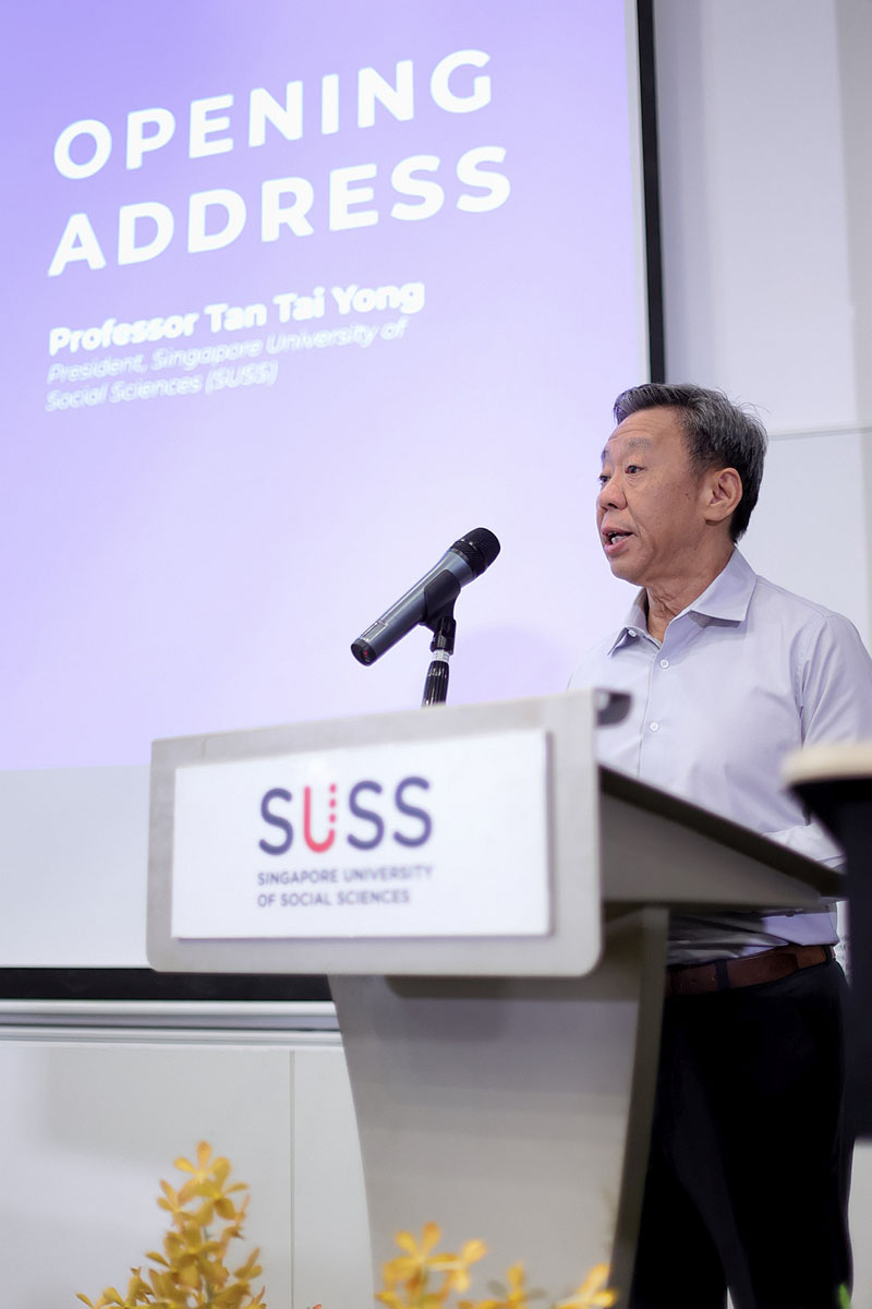 SUSS President Prof Tan Tai Yong delivering his opening address.