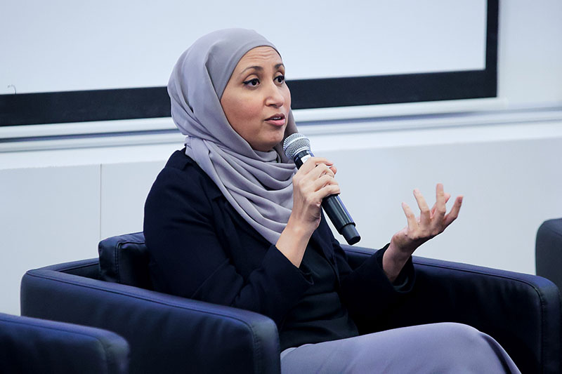 Dr Hana Alhadad addressing an audience question during the first panel discussion.