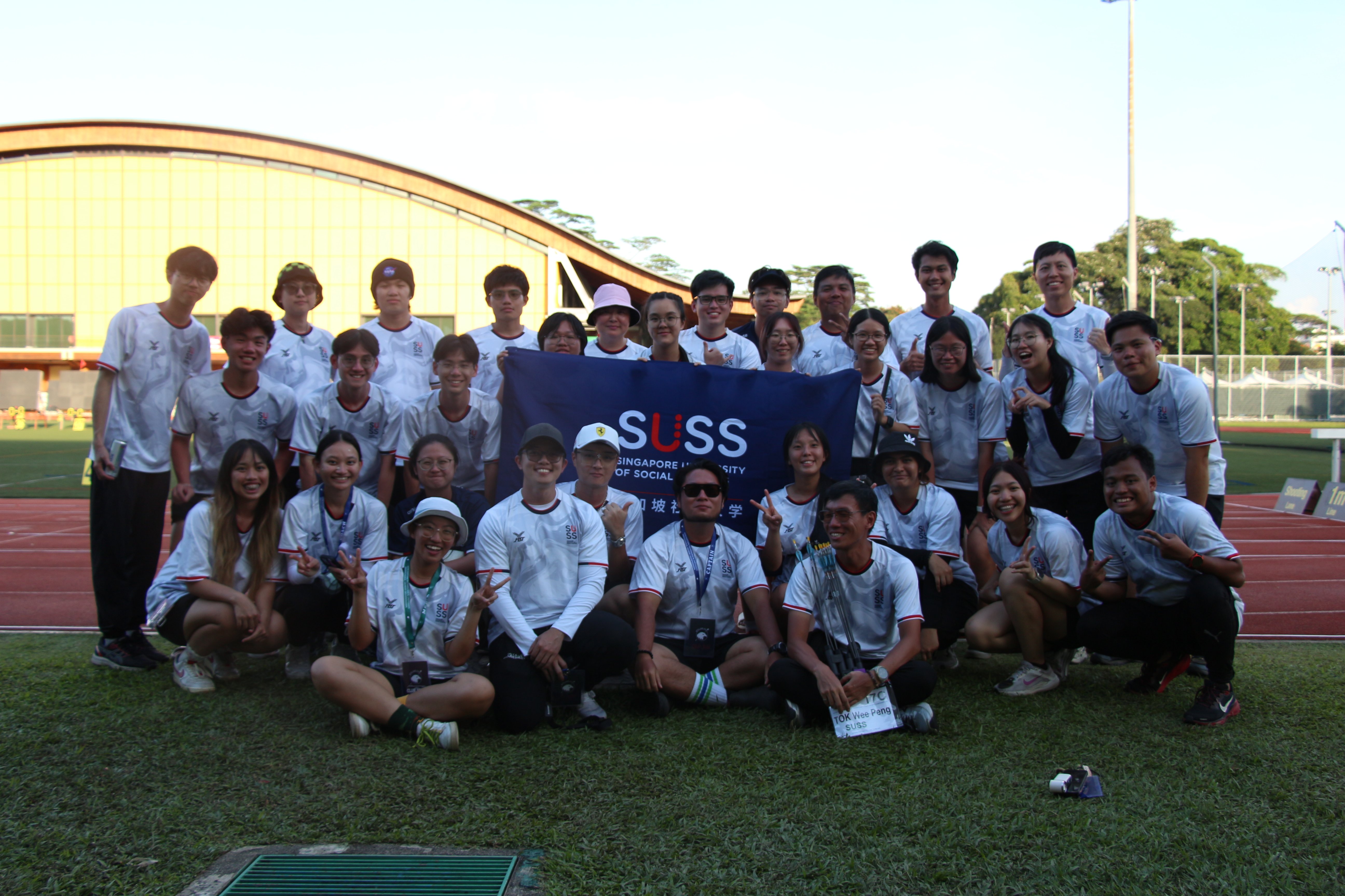 SUSS Archery Competition Group gathered as a team on Day 1 of the competition.