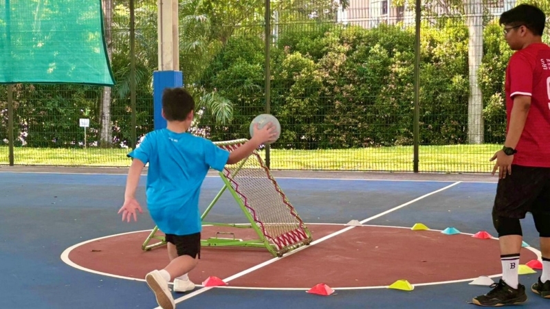 A participant shooting the ball at the net for a point