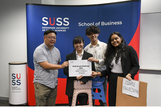 Most Creative Award Winner of the SUSS Brand Challenge 2022 from Ngee Ann Polytechnic, comprising members Sneha Gupta, Andrew Wong Yu Ze & Rachel Sau Ching Hui. Most Creative Award Winner of the SUSS Brand Challenge 2022 from Ngee Ann Polytechnic, comprising members Sneha Gupta, Andrew Wong Yu Ze & Rachel Sau Ching Hui.