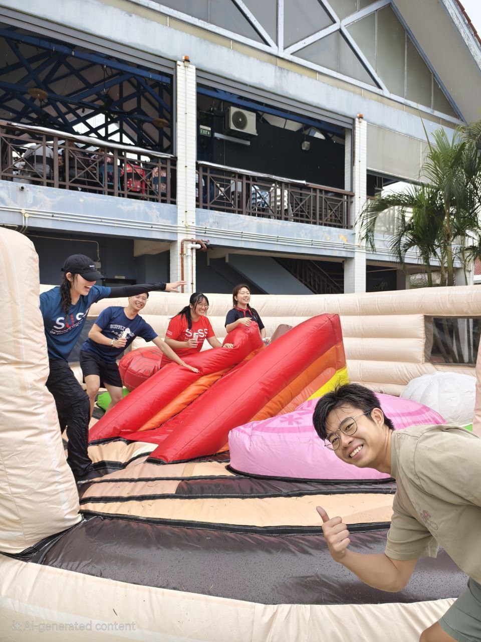 Seth Bow enters the frame with a big smile and a thumbs-up, posing in front of the SG60-themed bouncy castle adorned with giant traditional kuehs, while fellow SUSS students bounce and laugh in the background.