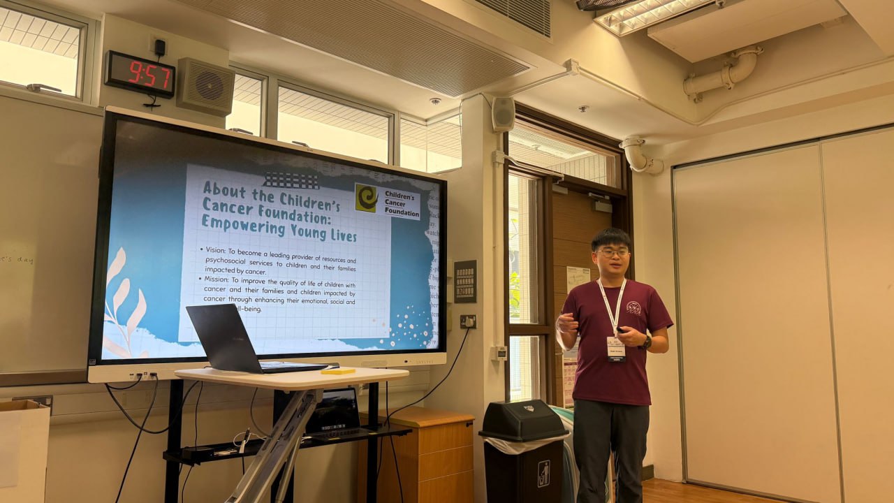 : Wong Tze Xiang, Year 4, Business Analytics student, sharing about the Children Cancer Foundation Singapore
