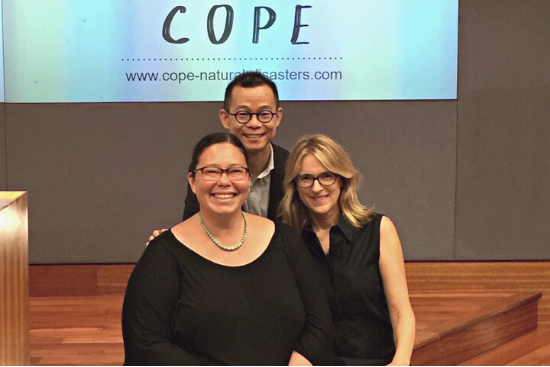 The team behind COPE. (clockwise) SUSS Associate Professor and Global Disaster Risk Reduction Expert Dr Timothy Sim; international author, Martha Keswick, and illustrator Mariko Jesse.
