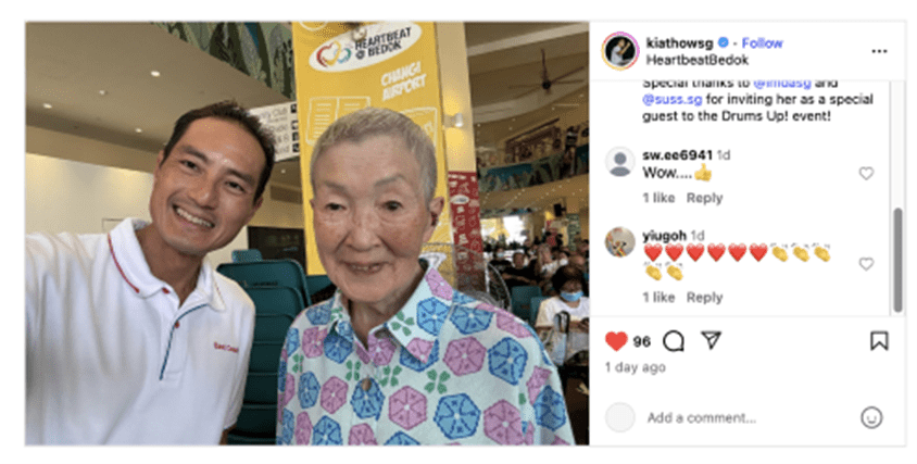 Instagram post featuring Senior Minister of State Mr Tan Kiat How and Ms Masako Wakamiya at SUSS Drums Up for Active Ageing event