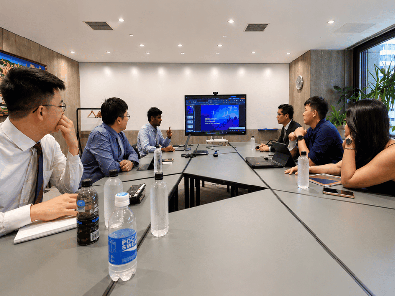 Group of people sitting around the table listening to a presentation