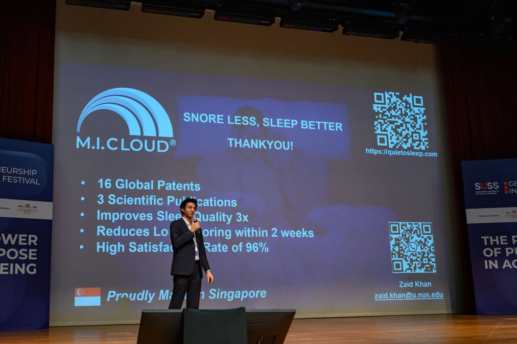 Startup founder Zaid presenting an ageing innovation solution at Pitch for Good