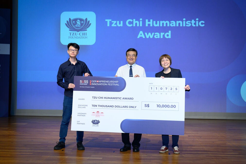 Winning startup Marymount Labs receiving the Pitch for Good award on stage