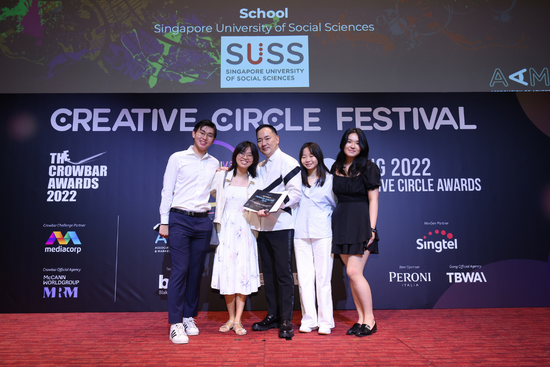 (from left to right) The first runner-up team, Mark Lai, Celine Tan, Charlene Chua, Shannen Pek, and a representative from Mediacorp (centre), at The Crowbar Awards 2022.