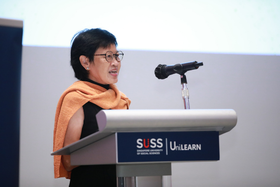 Ms Ang Bee Lian, Director-General of Social Welfare, Ministry of Social and Family Development, presenting her keynote speech at the SUSS UniLearn Forum 2022..